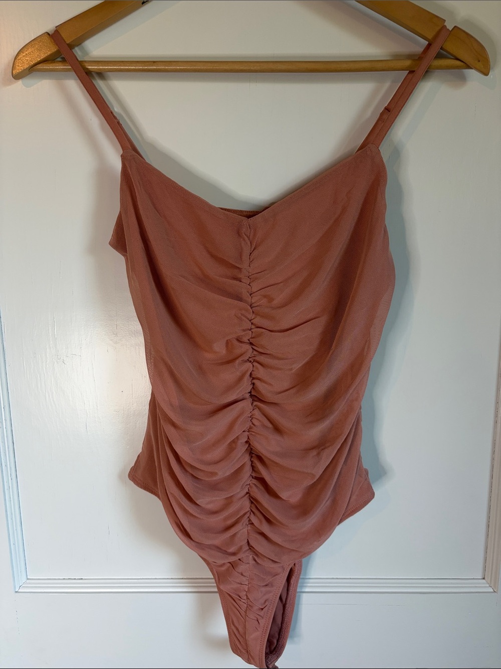 Mono B Ruched Dusty Rose Mesh Bodysuit
